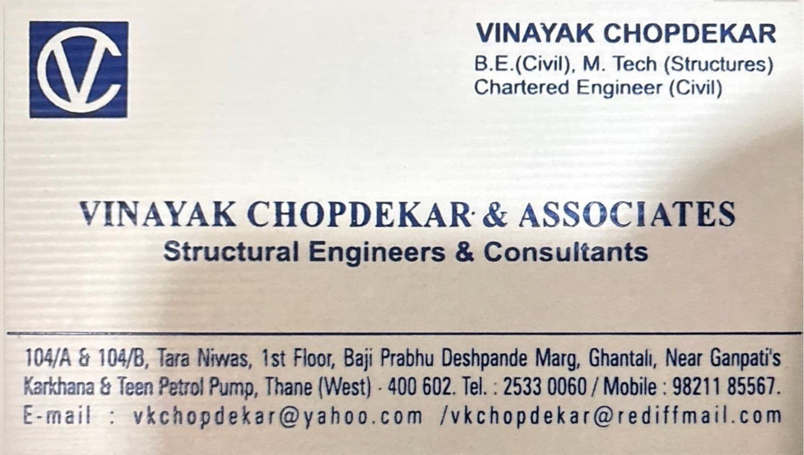 Vinayak Chopdekar and Associates business card